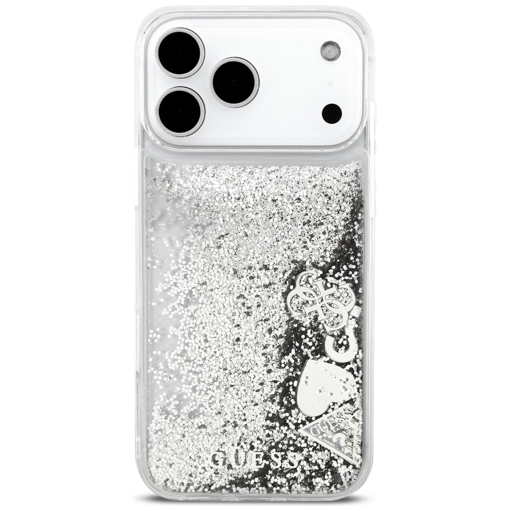 Guess Liq. Glitter 4 Charms dėklas iPhone 17 Pro Max - Sidabrinė -- iPhone 17 Pro Max