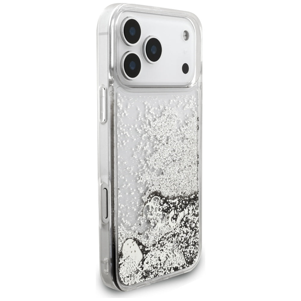 Guess Liq. Glitter 4 Charms dėklas iPhone 17 Pro Max - Sidabrinė -- iPhone 17 Pro Max
