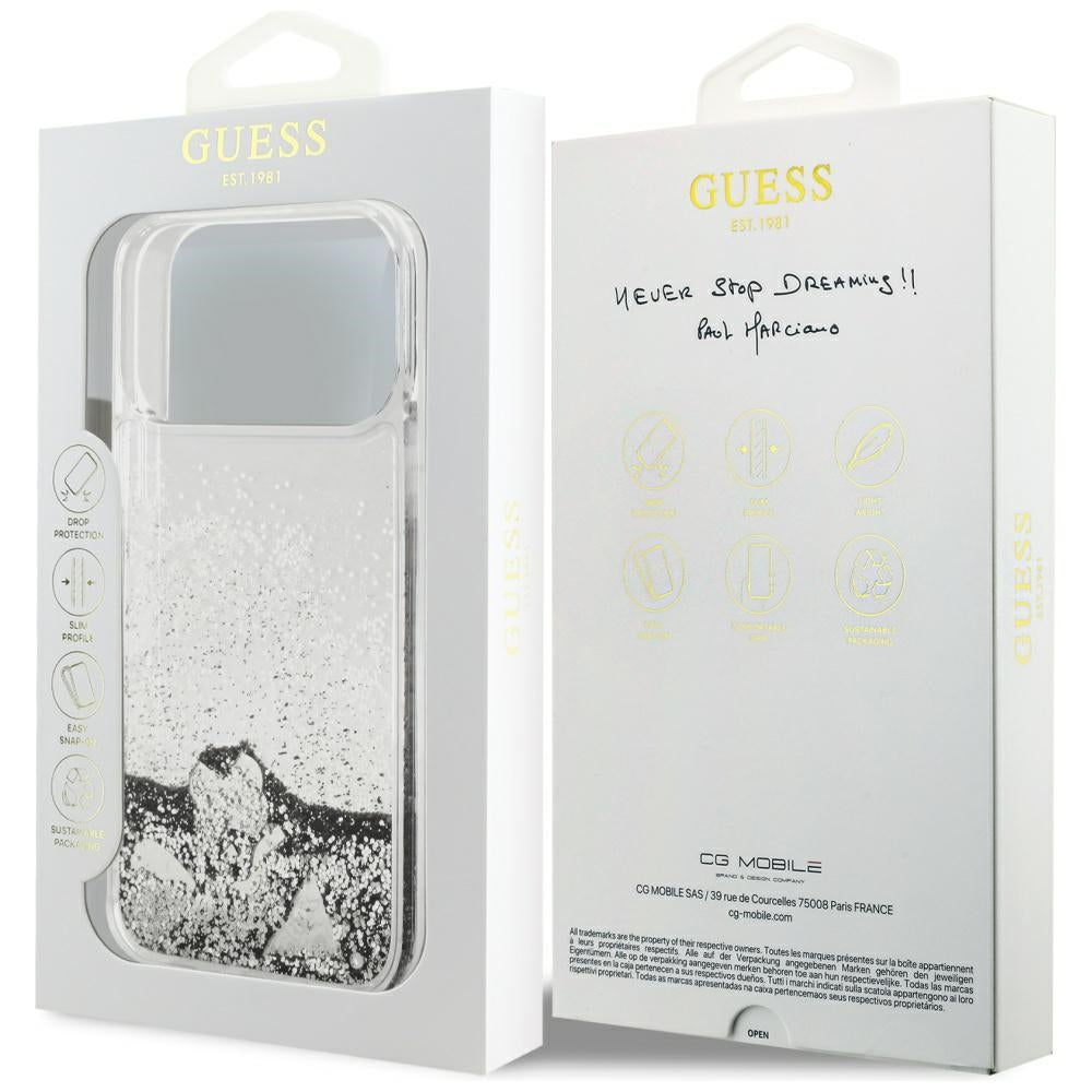 Guess Liq. Glitter 4 Charms dėklas iPhone 17 Pro Max - Sidabrinė -- iPhone 17 Pro Max