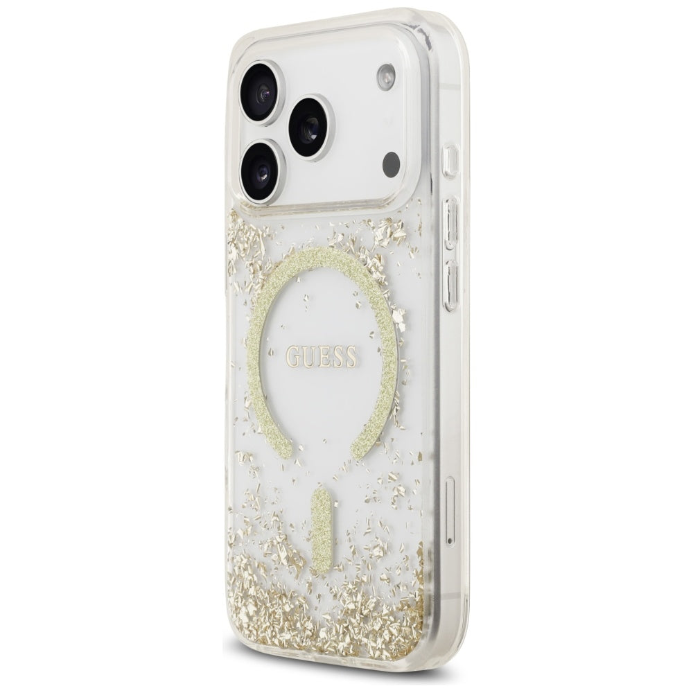 Guess Resin Bottom Glitter MagSafe dėklas iPhone 17 Pro - Auksinis -- iPhone 17 Pro