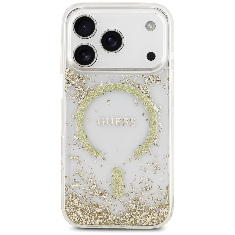 Guess Resin Bottom Glitter MagSafe dėklas iPhone 17 Pro - Auksinis -- iPhone 17 Pro