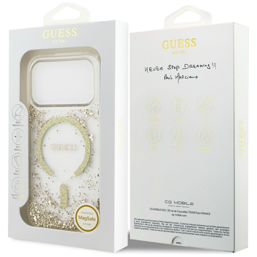 Guess Resin Bottom Glitter MagSafe dėklas iPhone 17 Pro - Auksinis -- iPhone 17 Pro