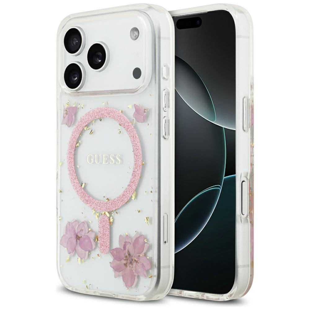 Guess Resin Flowers Glitter MagSafe dėklas, skirtas iPhone 17 Pro – Rožinis -- iPhone 17 Pro