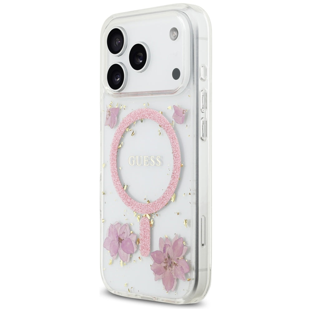 Guess Resin Flowers Glitter MagSafe dėklas, skirtas iPhone 17 Pro – Rožinis -- iPhone 17 Pro