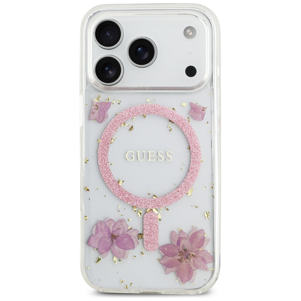 Guess Resin Flowers Glitter MagSafe dėklas, skirtas iPhone 17 Pro – Rožinis -- iPhone 17 Pro