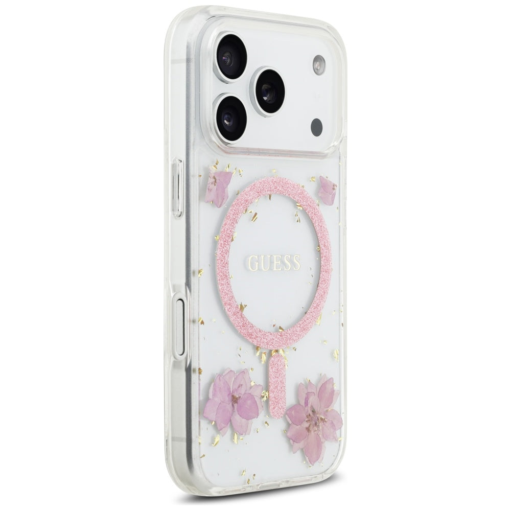 Guess Resin Flowers Glitter MagSafe dėklas, skirtas iPhone 17 Pro – Rožinis -- iPhone 17 Pro