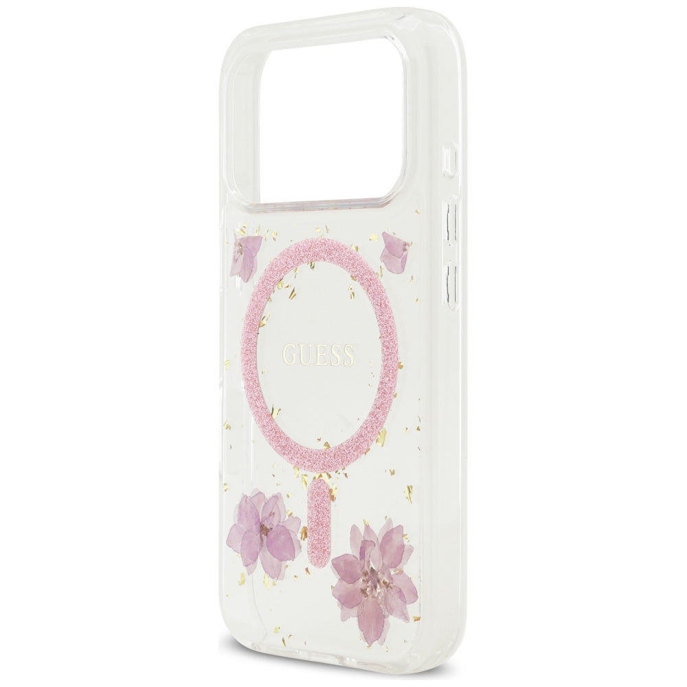 Guess Resin Flowers Glitter MagSafe dėklas, skirtas iPhone 17 Pro – Rožinis -- iPhone 17 Pro