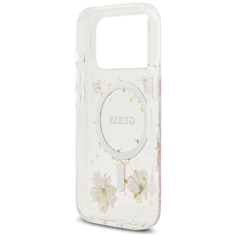 Guess Resin Flowers Glitter MagSafe dėklas, skirtas iPhone 17 Pro – Rožinis -- iPhone 17 Pro