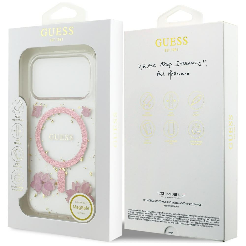 Guess Resin Flowers Glitter MagSafe dėklas, skirtas iPhone 17 Pro – Rožinis -- iPhone 17 Pro