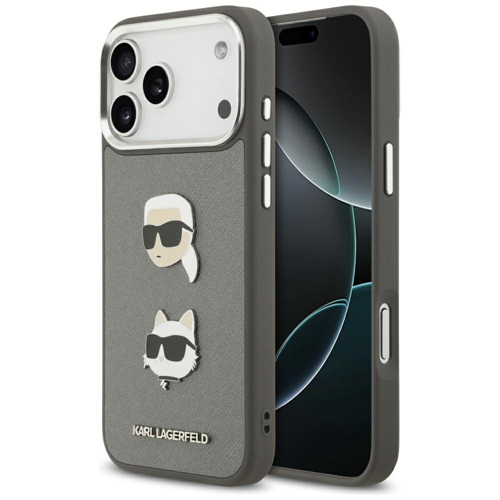 Karl Lagerfeld FW Grained Karl & Choupette Heads Pins & Logo iPhone 17 Pro Max dėklas - Pilka -- iPhone 17 Pro Max