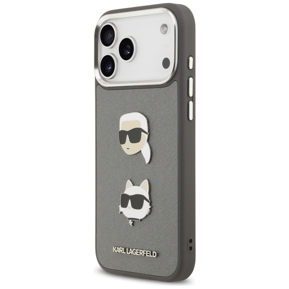 Karl Lagerfeld FW Grained Karl & Choupette Heads Pins & Logo iPhone 17 Pro Max dėklas - Pilka -- iPhone 17 Pro Max