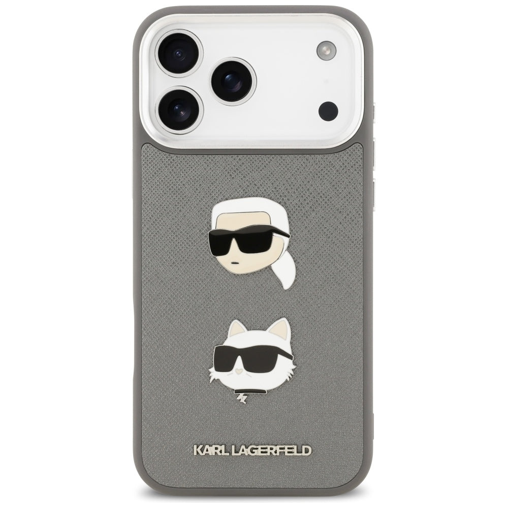 Karl Lagerfeld FW Grained Karl & Choupette Heads Pins & Logo iPhone 17 Pro Max dėklas - Pilka -- iPhone 17 Pro Max