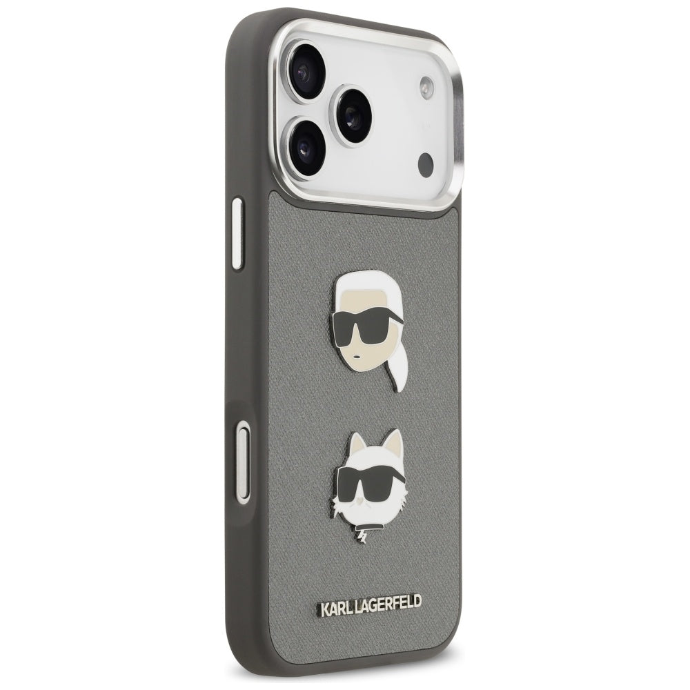 Karl Lagerfeld FW Grained Karl & Choupette Heads Pins & Logo iPhone 17 Pro Max dėklas - Pilka -- iPhone 17 Pro Max