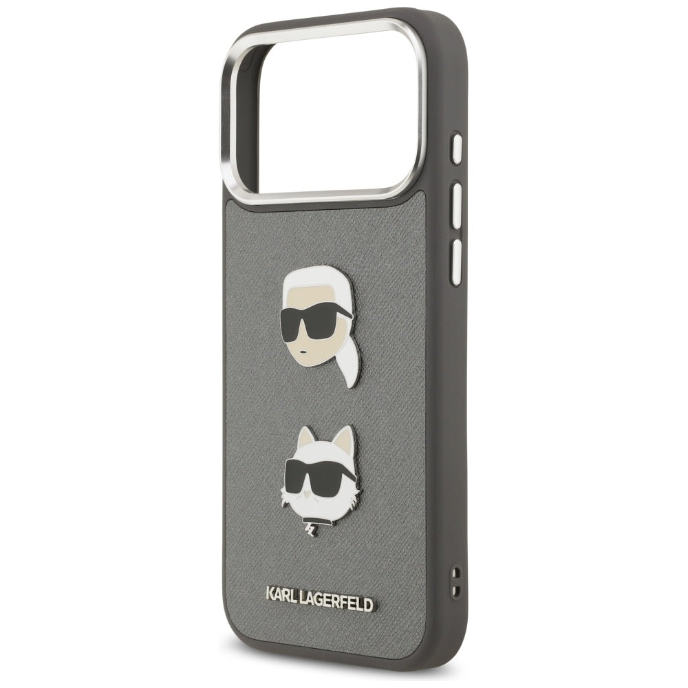 Karl Lagerfeld FW Grained Karl & Choupette Heads Pins & Logo iPhone 17 Pro Max dėklas - Pilka -- iPhone 17 Pro Max