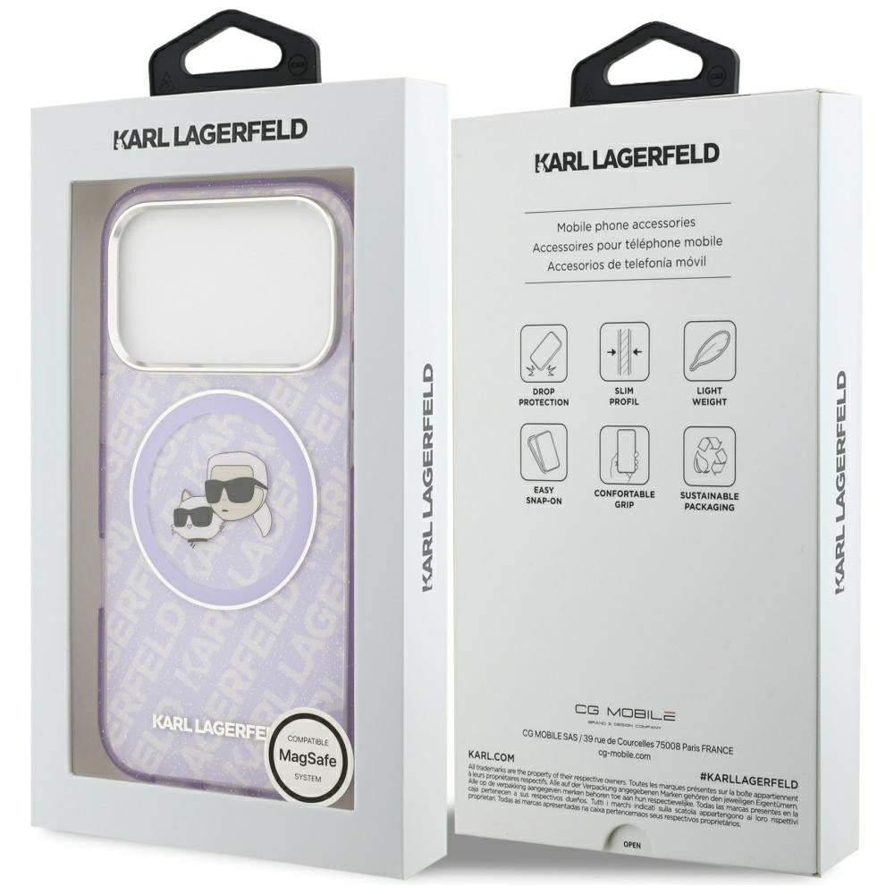 Karl Lagerfeld IML Glitter Karl & Choupette Heads Logo MagSafe dėklas iPhone 17 Pro - Violetinė -- iPhone 17 Pro