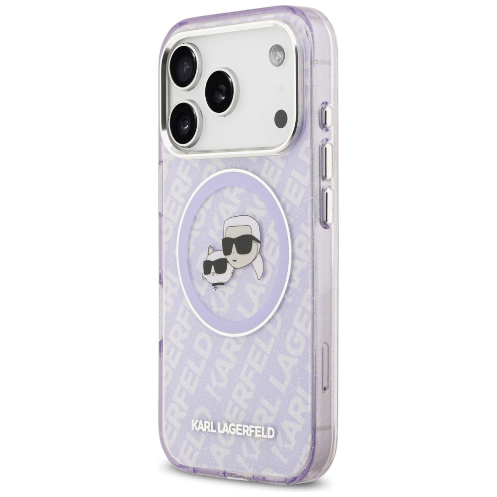 Karl Lagerfeld IML Glitter Karl & Choupette Heads Logo MagSafe dėklas iPhone 17 Pro Max - Violetinė -- iPhone 17 Pro Max