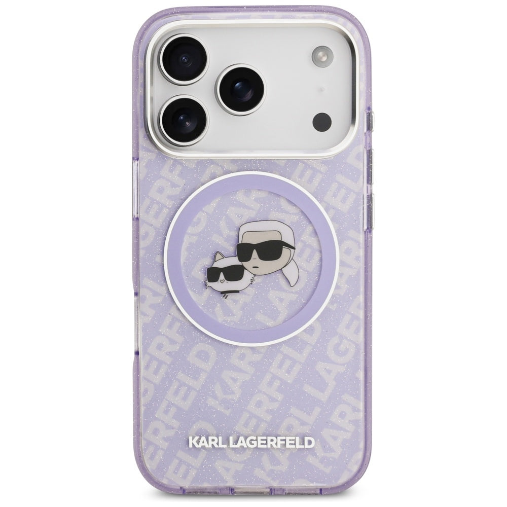 Karl Lagerfeld IML Glitter Karl & Choupette Heads Logo MagSafe dėklas iPhone 17 Pro Max - Violetinė -- iPhone 17 Pro Max