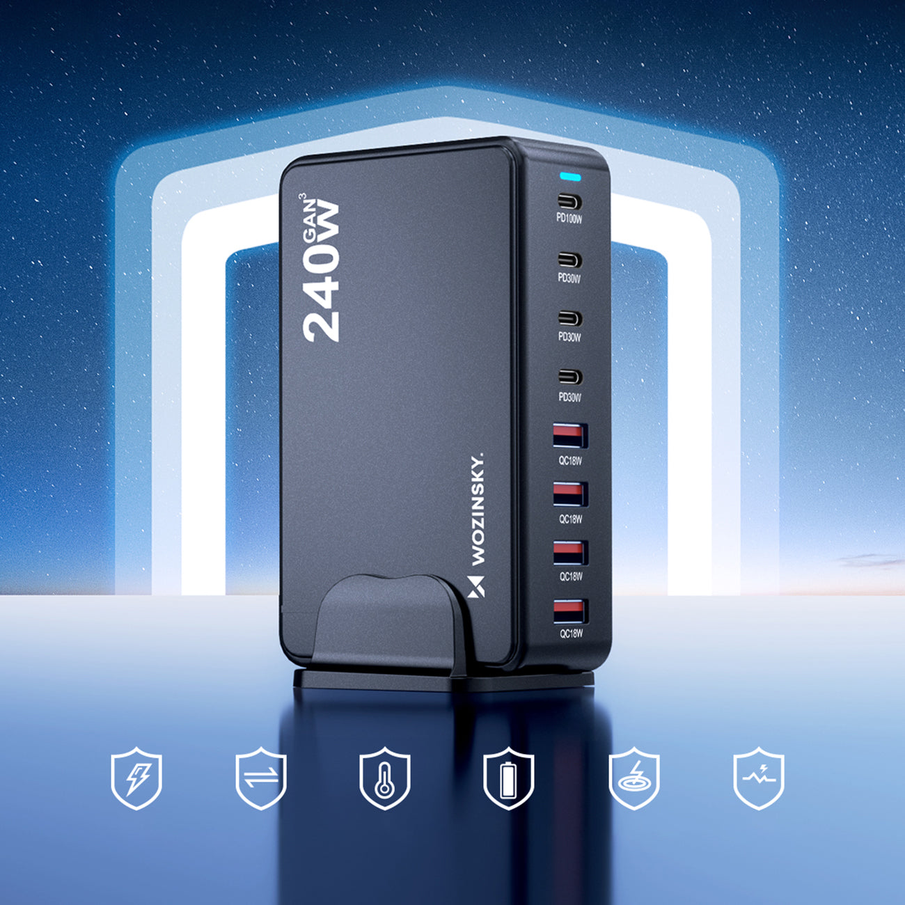 Wozinsky 240W GaN QC3 įkrovimo stotelė – juoda