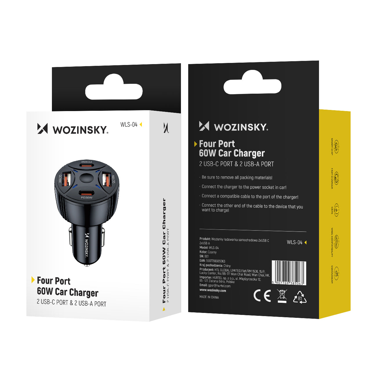 Wozinsky WLS-04 60W automobilinis įkroviklis 2xUSB-C 2xUSB-A - juodas
