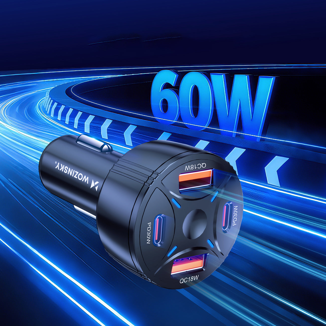 Wozinsky WLS-04 60W automobilinis įkroviklis 2xUSB-C 2xUSB-A - juodas