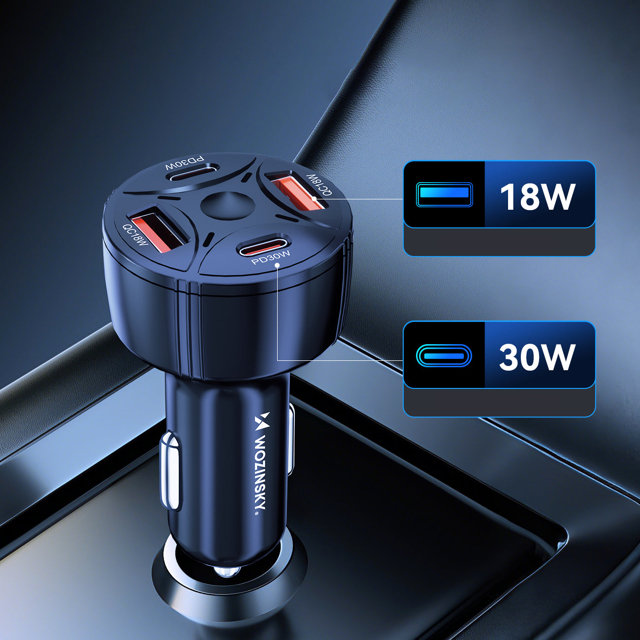 Wozinsky WLS-04 60W automobilinis įkroviklis 2xUSB-C 2xUSB-A - juodas