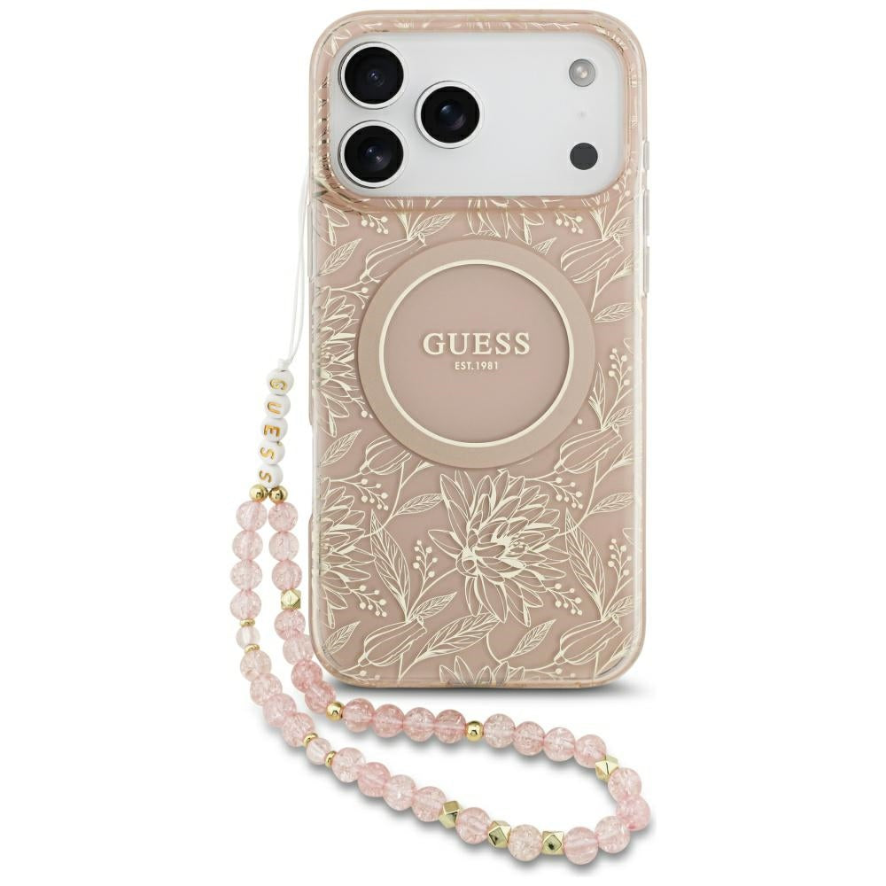 Guess IML Flowers Electro Pearl Strap MagSafe dėklas iPhone 17 Pro Max – rožinė -- iPhone 17 Pro Max