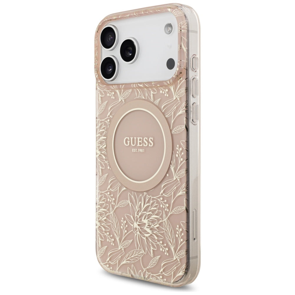 Guess IML Flowers Electro Pearl Strap MagSafe dėklas iPhone 17 Pro Max – rožinė -- iPhone 17 Pro Max