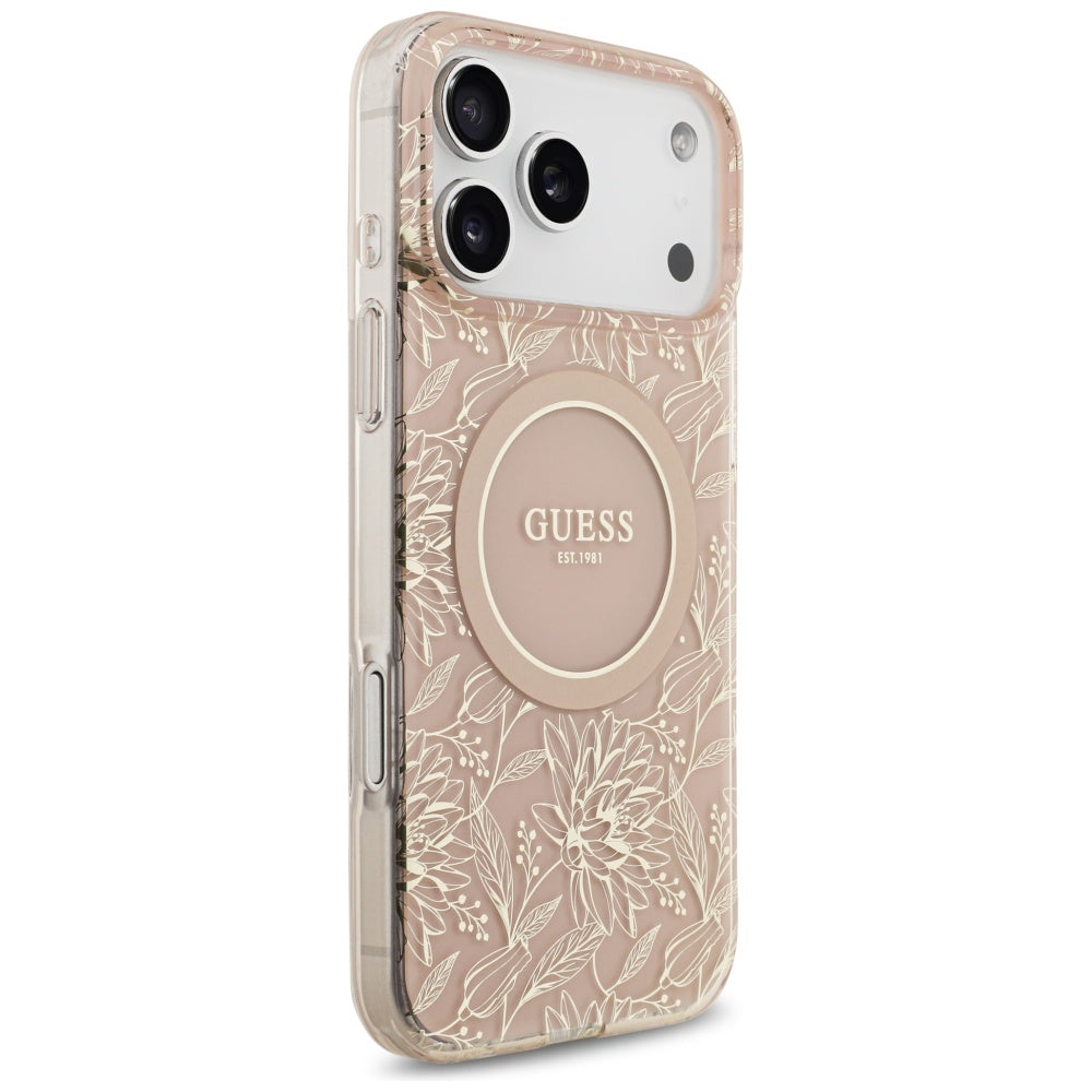 Guess IML Flowers Electro Pearl Strap MagSafe dėklas iPhone 17 Pro Max – rožinė -- iPhone 17 Pro Max