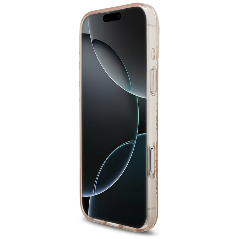 Guess IML Flowers Electro Pearl Strap MagSafe dėklas iPhone 17 Pro Max – rožinė -- iPhone 17 Pro Max