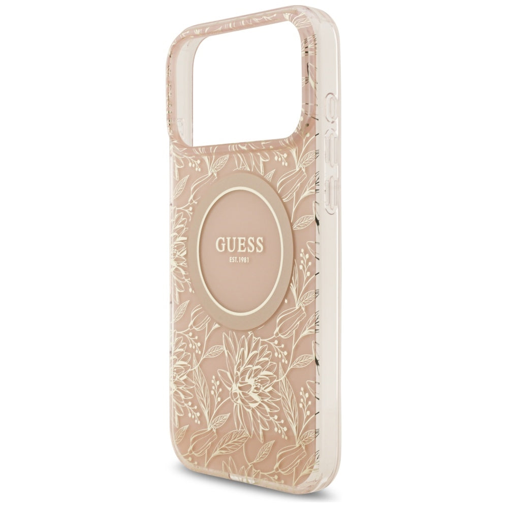 Guess IML Flowers Electro Pearl Strap MagSafe dėklas iPhone 17 Pro Max – rožinė -- iPhone 17 Pro Max