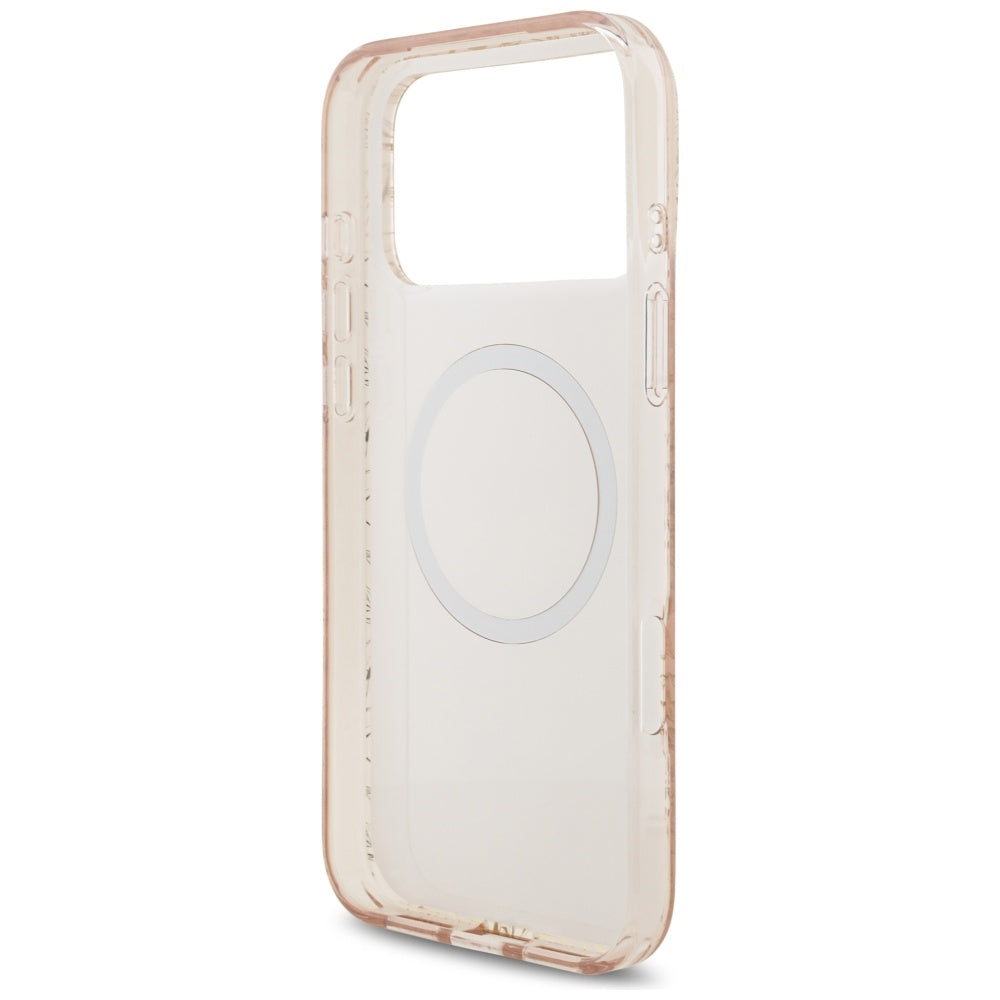 Guess IML Flowers Electro Pearl Strap MagSafe dėklas iPhone 17 Pro Max – rožinė -- iPhone 17 Pro Max
