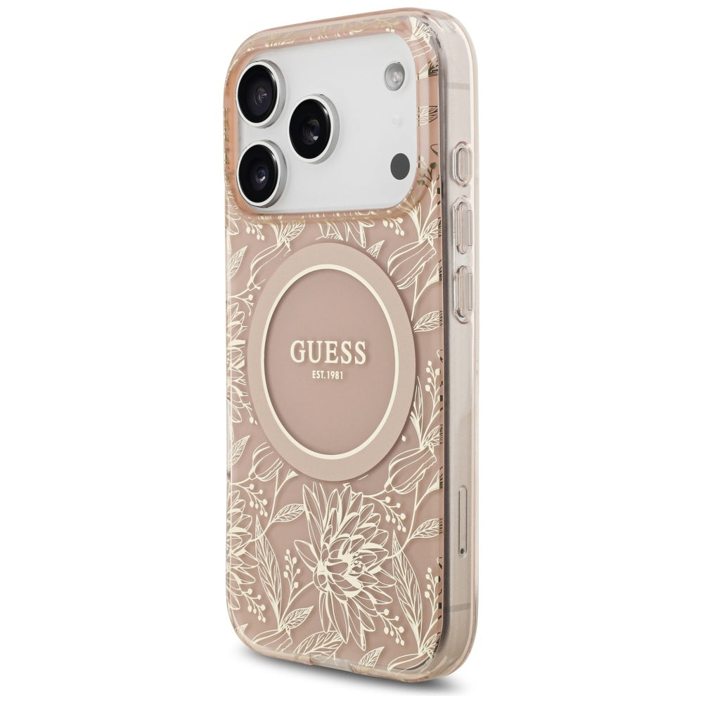 Guess IML Flowers Electro Pearl Strap MagSafe dėklas iPhone 17 Pro – Rožinis -- iPhone 17 Pro