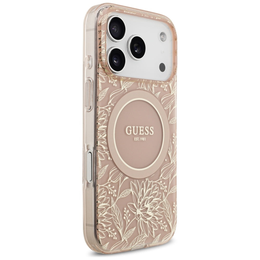 Guess IML Flowers Electro Pearl Strap MagSafe dėklas iPhone 17 Pro – Rožinis -- iPhone 17 Pro