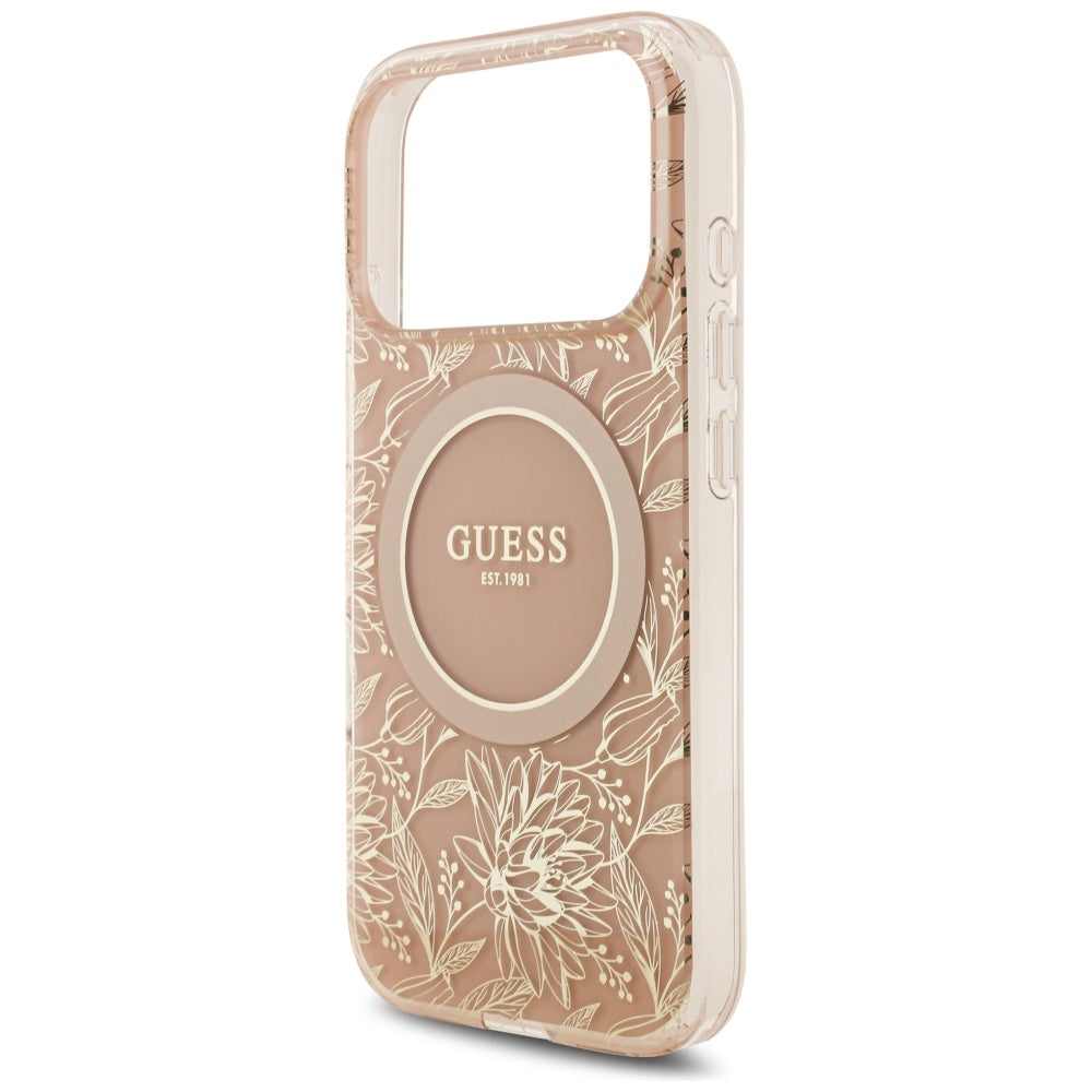 Guess IML Flowers Electro Pearl Strap MagSafe dėklas iPhone 17 Pro – Rožinis -- iPhone 17 Pro