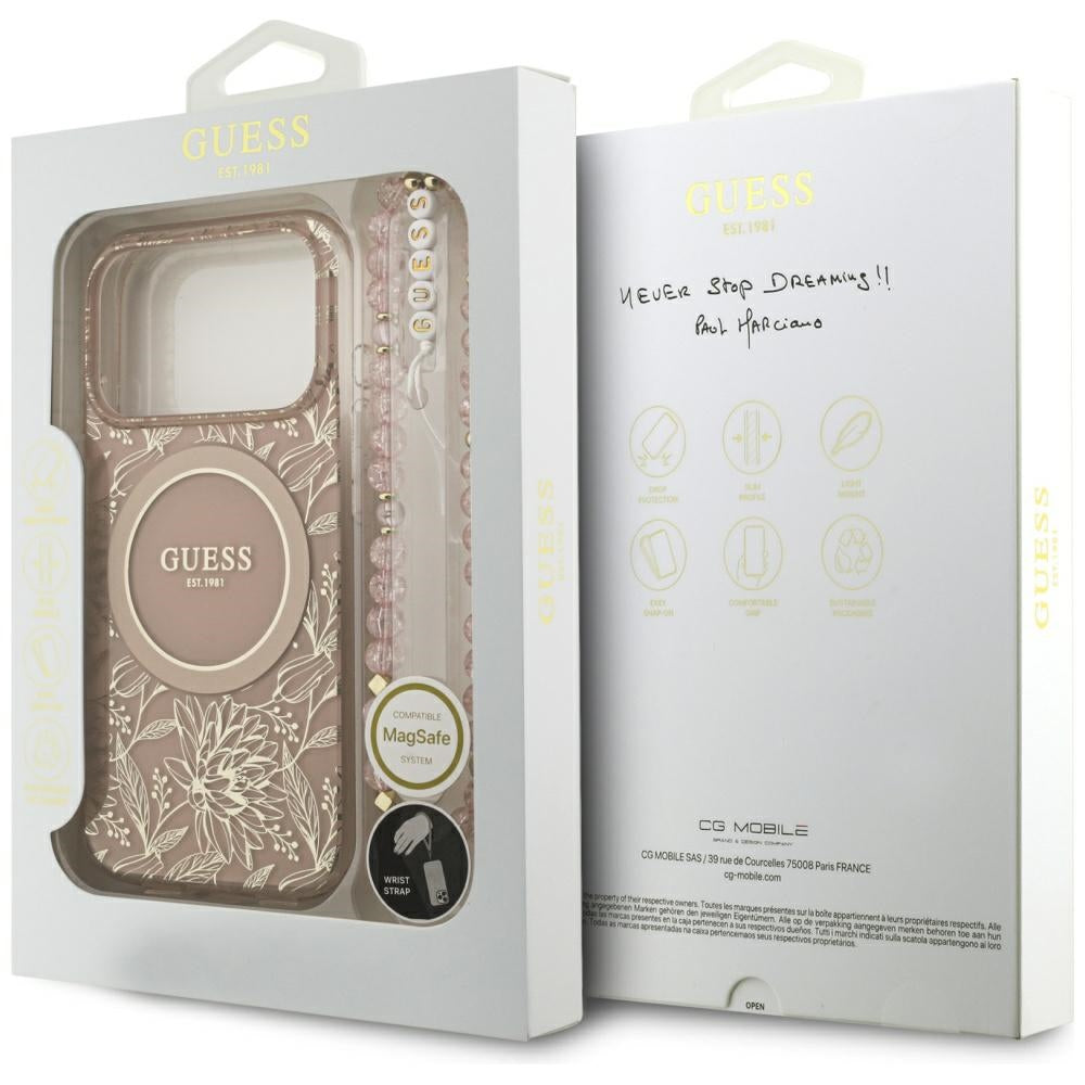 Guess IML Flowers Electro Pearl Strap MagSafe dėklas iPhone 17 Pro – Rožinis -- iPhone 17 Pro