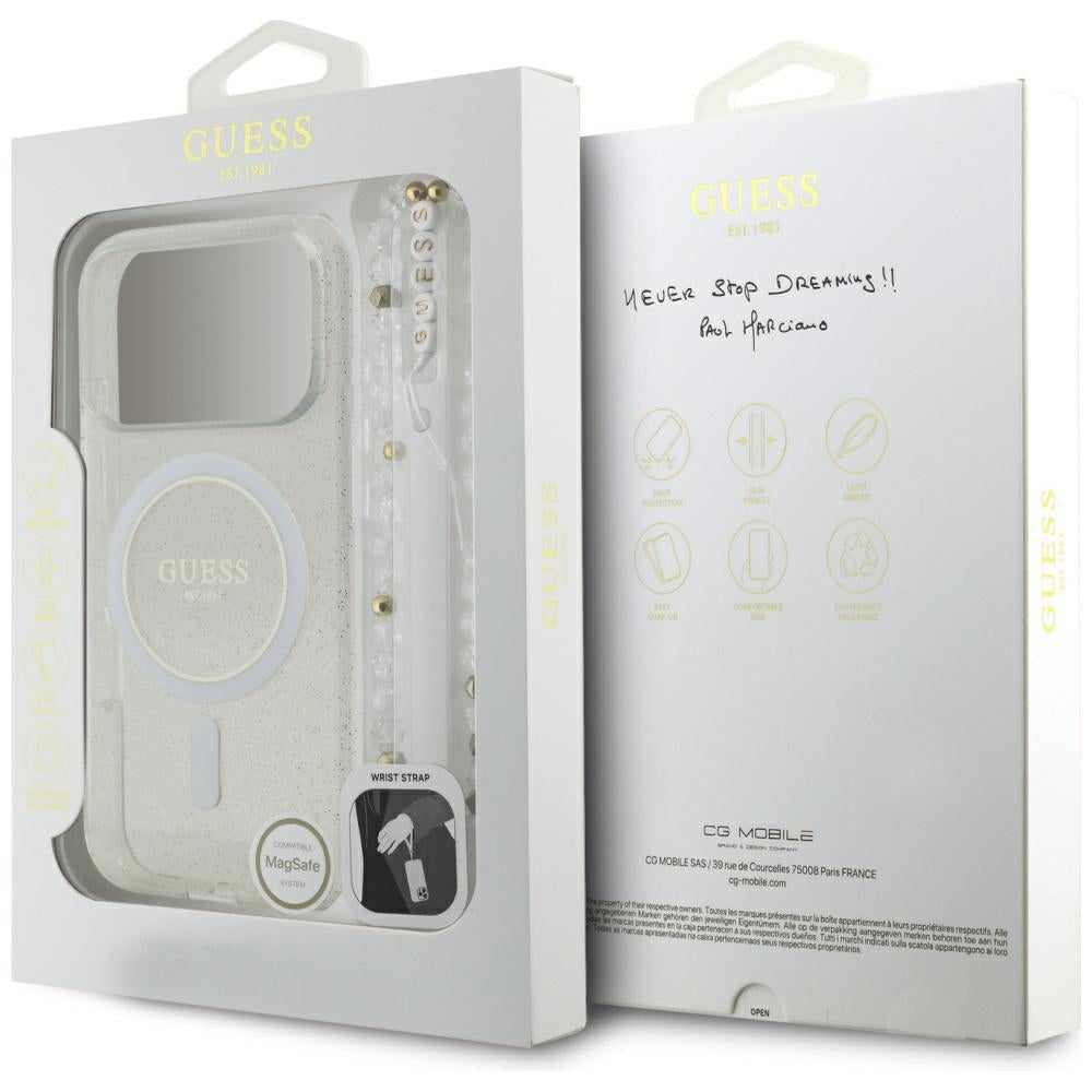 Guess IML Glitter Pearl Strap MagSafe dėklas skirtas iPhone 17 Pro - skaidrus -- iPhone 17 Pro