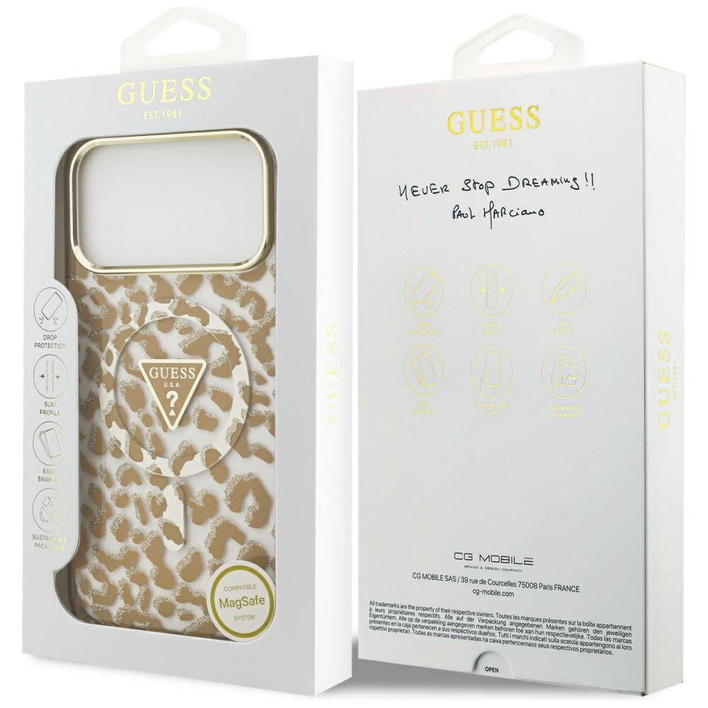Guess Leopard Glitter MagSafe dėklas skirtas iPhone 17 Pro Max - rudas -- iPhone 17 Pro Max