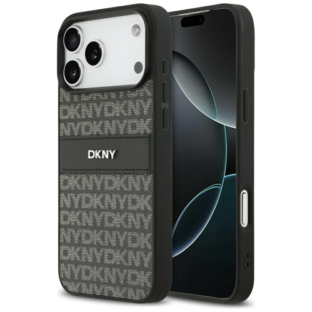 DKNY dėklas iPhone 17 Pro Max su kartotiniu tekstūros raštu ir tonaliniu brūkšniu - juoda -- iPhone 17 Pro Max