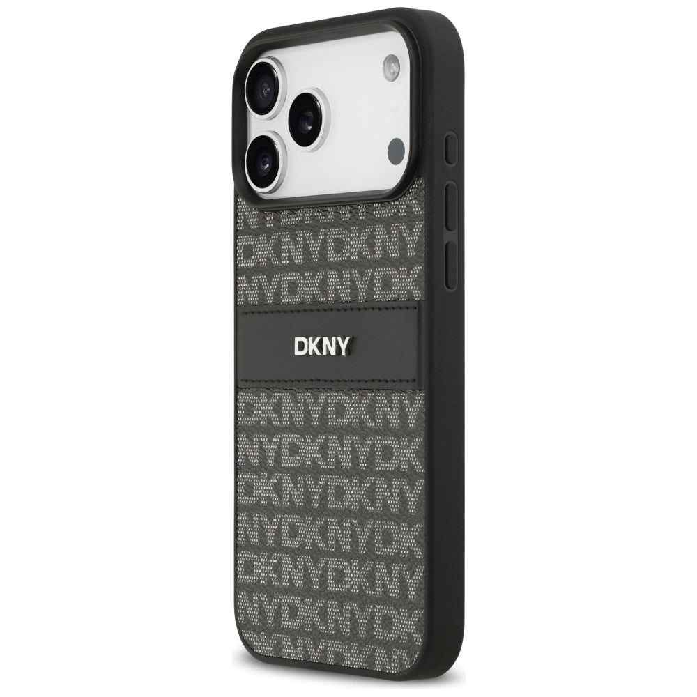DKNY dėklas iPhone 17 Pro Max su kartotiniu tekstūros raštu ir tonaliniu brūkšniu - juoda -- iPhone 17 Pro Max