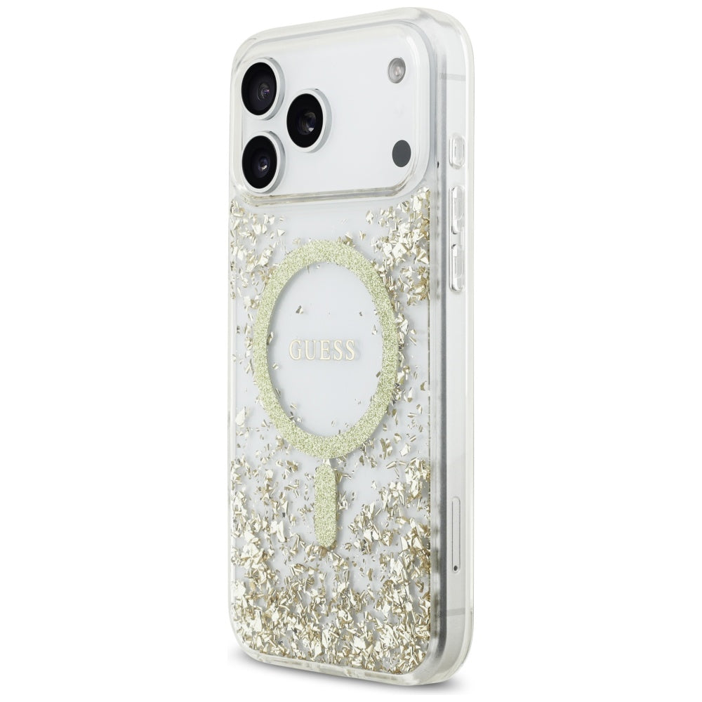 Guess Resin Bottom Glitter MagSafe dėklas iPhone 17 Pro Max - Auksinis -- iPhone 17 Pro Max