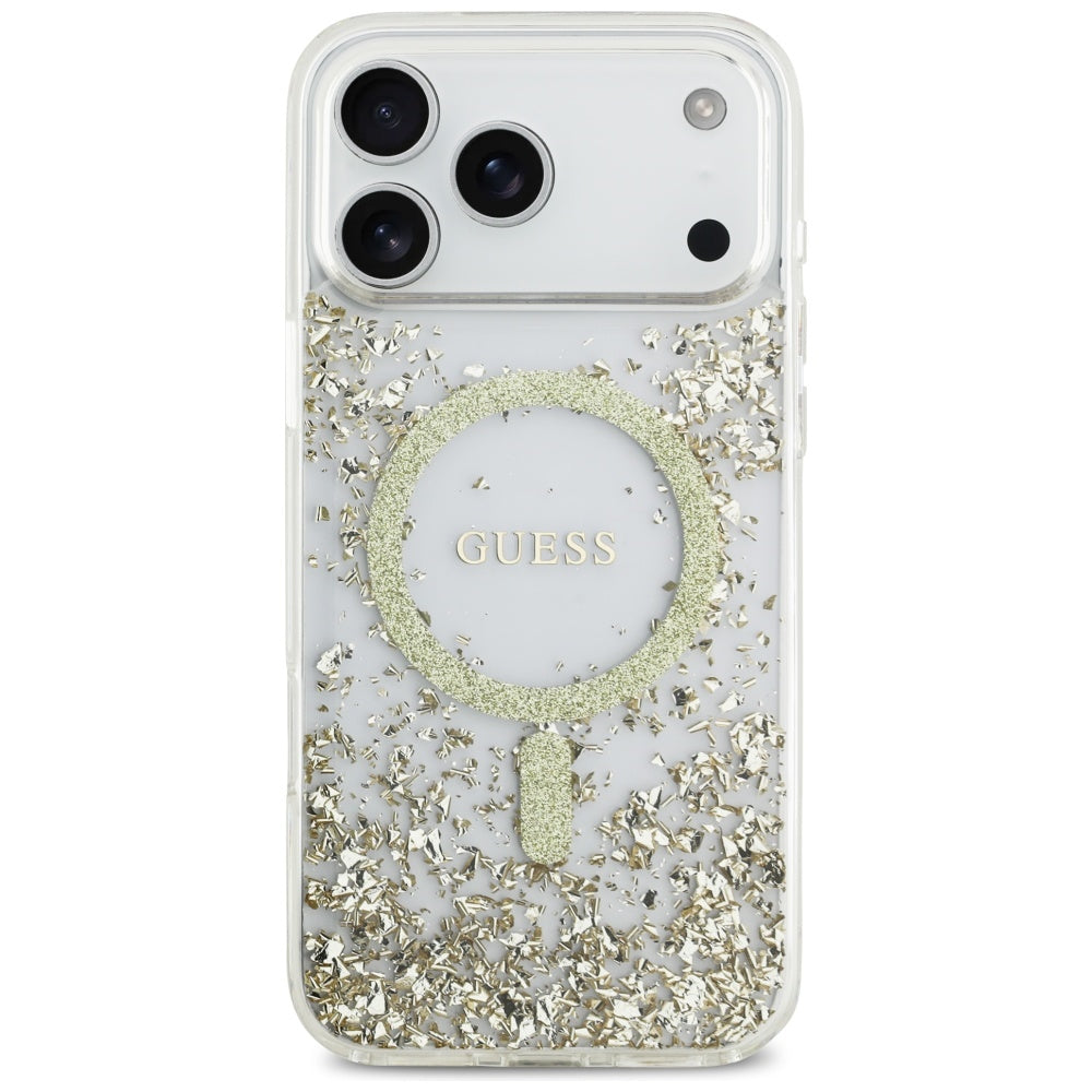 Guess Resin Bottom Glitter MagSafe dėklas iPhone 17 Pro Max - Auksinis -- iPhone 17 Pro Max