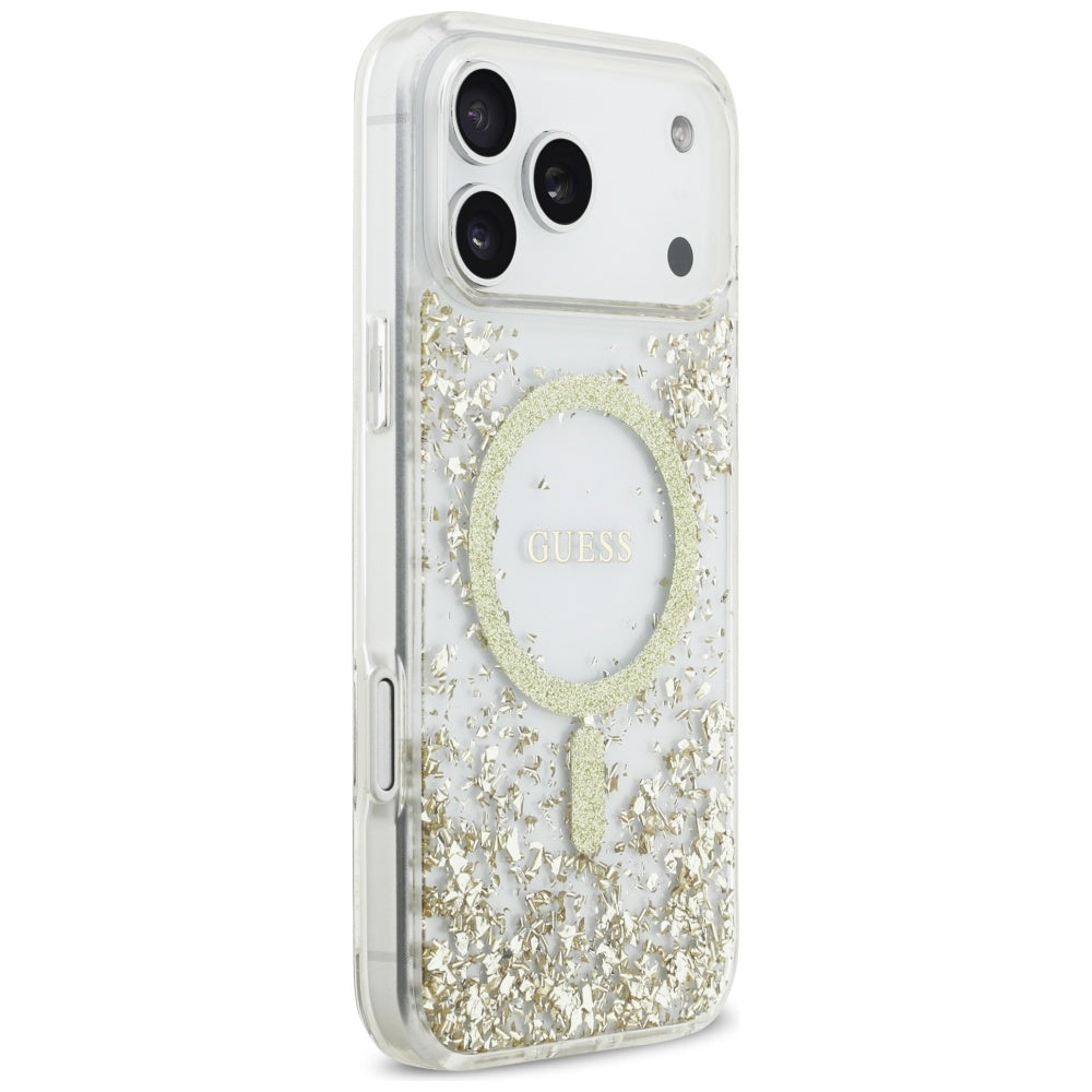 Guess Resin Bottom Glitter MagSafe dėklas iPhone 17 Pro Max - Auksinis -- iPhone 17 Pro Max