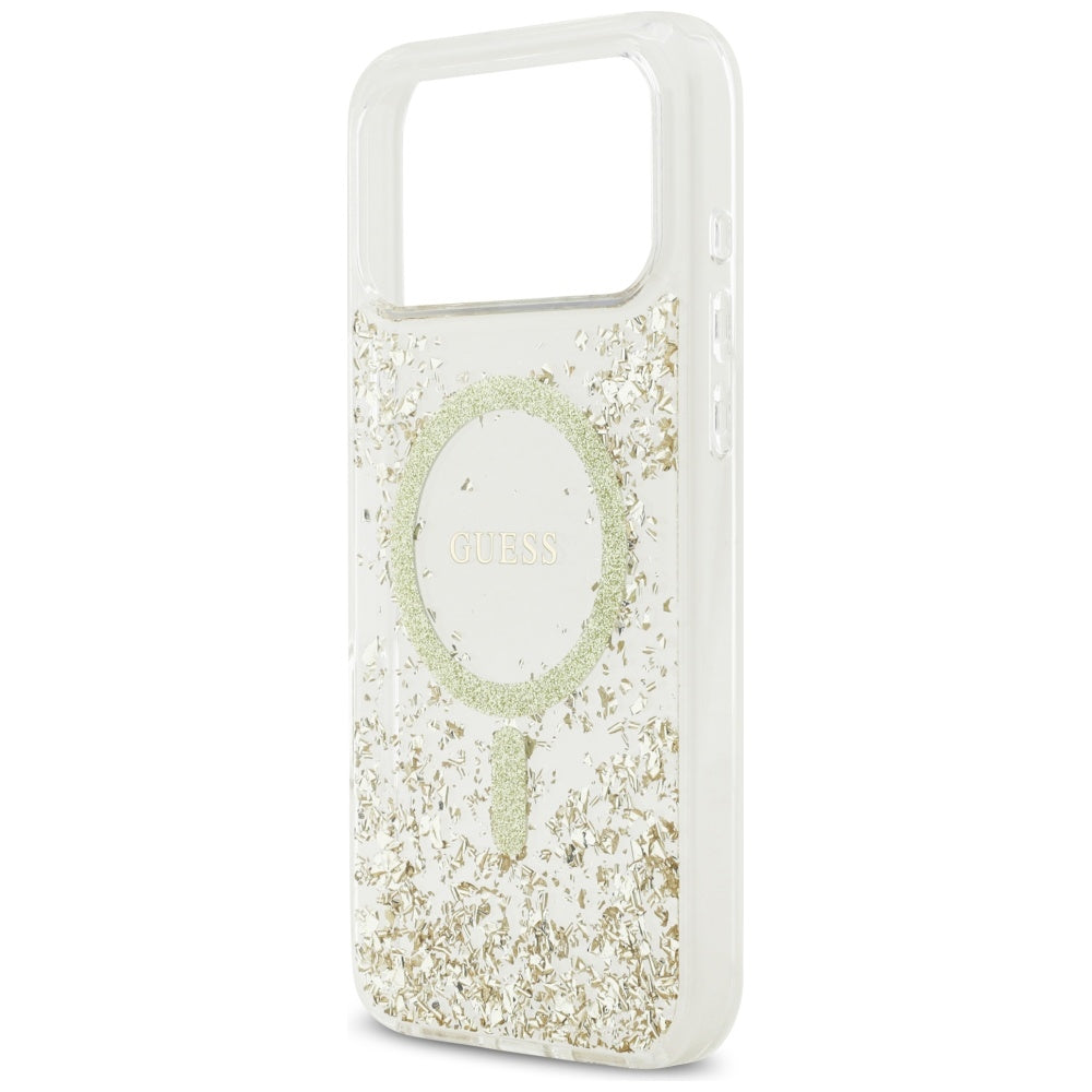 Guess Resin Bottom Glitter MagSafe dėklas iPhone 17 Pro Max - Auksinis -- iPhone 17 Pro Max