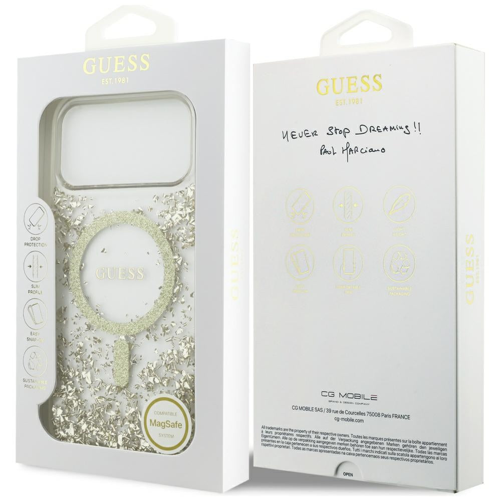 Guess Resin Bottom Glitter MagSafe dėklas iPhone 17 Pro Max - Auksinis -- iPhone 17 Pro Max