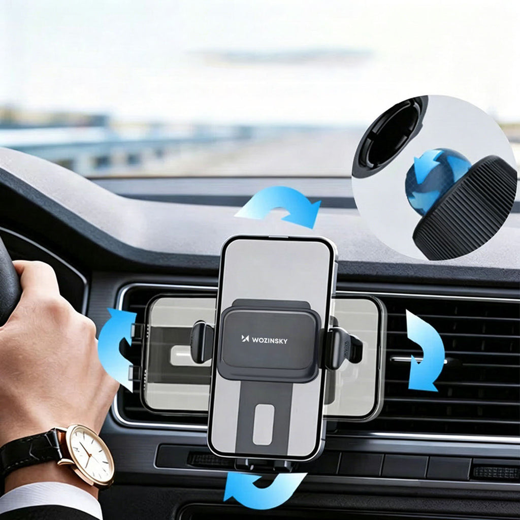 Telefono laikiklis automobiliui Wozinsky WUS-M1 oro grotelėms su 360° spaustuku - juodas -- Cell phone holders