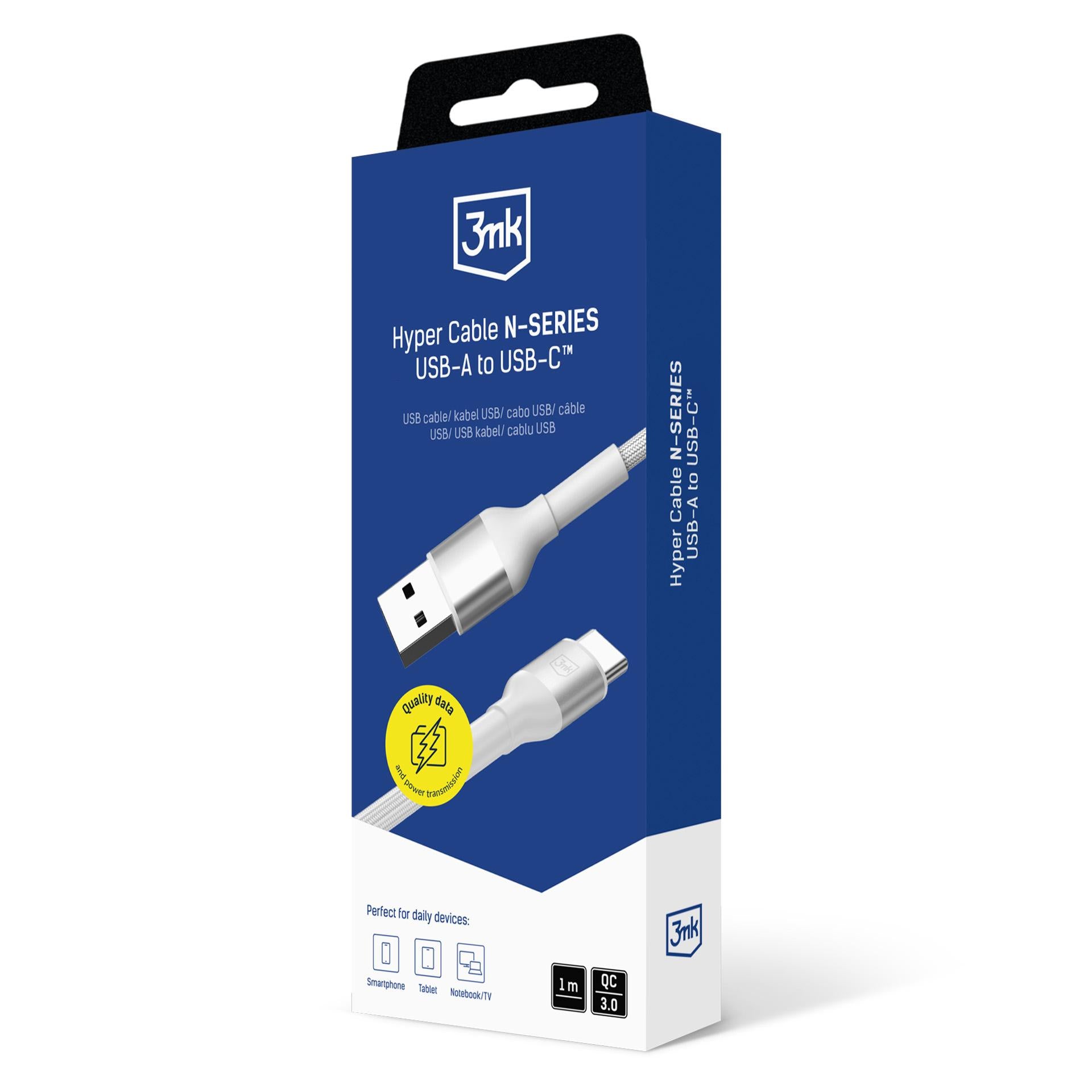3mk Hyper Laidas N-SERIES USB-A / USB-C 1m 9V/2A 18W / baltas