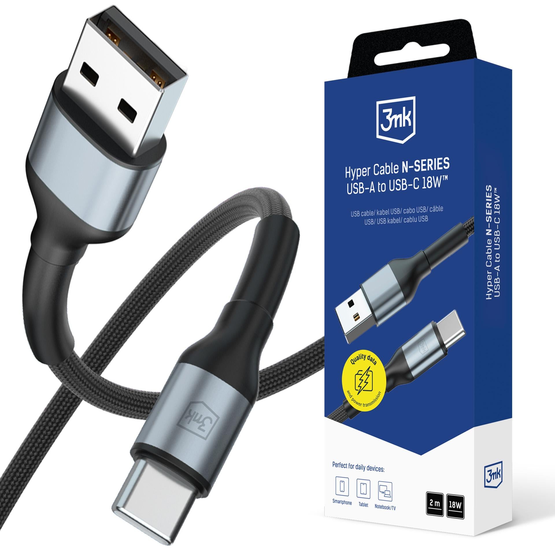 3mk Hyper Laidas N-SERIES USB-A / USB-C 2m 9V/2A 18W / juodas