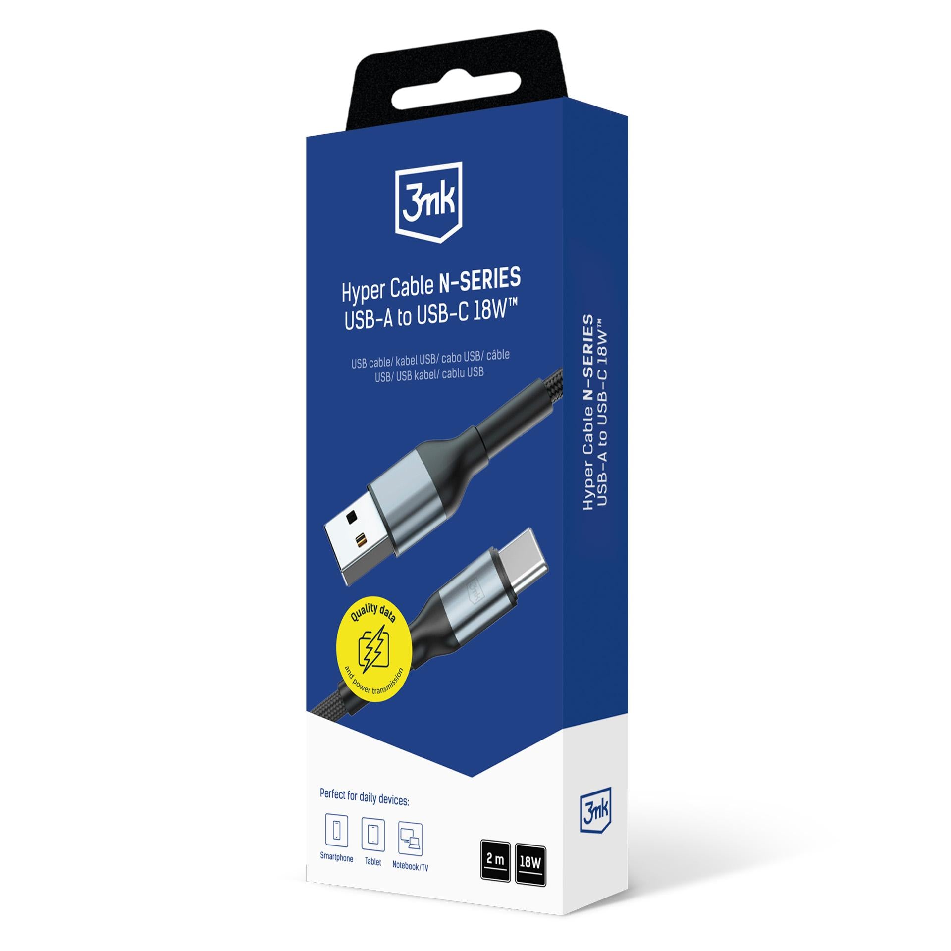 3mk Hyper Laidas N-SERIES USB-A / USB-C 2m 9V/2A 18W / juodas