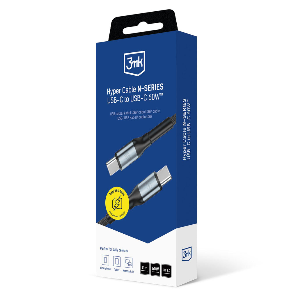 3mk Hyper Laidas N-SERIES USB-C / USB-C 2m 20V/3A 60W / juodas