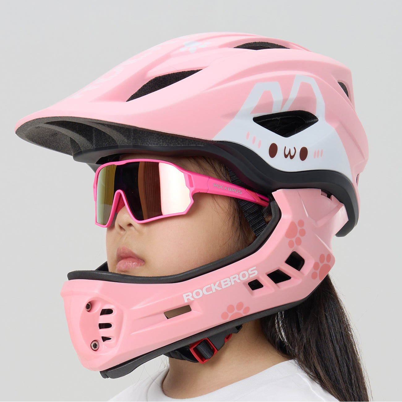 Rockbros TT-32002 Rabbit Vaikų dviračio šalmas su nuimama žandikaulio dalimi Dydis M (54-58) - Rožinė -- Bicycle Helmets
